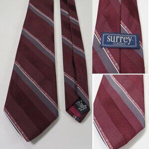 Vintage Maroon Burgundy w gray Men's striped Tie Polyester by Surrey Classic